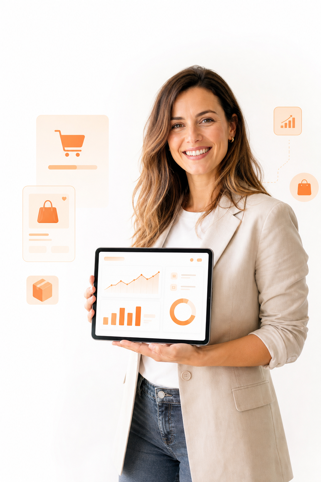 Smiling business professional holding a tablet dashboard